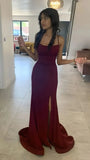 Stunning Burgundy Mermaid Spaghetti Straps Sequin Long Prom Dress Evening Dress with Slit HZ1023