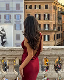 Elegant Sheath V Neck Burgundy Satin Open Back Long Prom Dress Graduation Prom Dress HZ1023