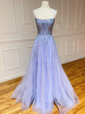 Lilac Glitter Beading Tulle Long Prom Dress Evening Dress HZ1023