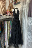 Sexy A Line Halter Black Chiffon Bow Lace Long Prom Dress Graduation Prom Dress HZ1023
