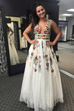 Charming V Neck Floral Embroidery Long Lace Prom Dress with Pocket HZ1023
