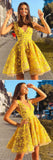 Yellow lace short prom dress, yellow homecoming dress HZ1023