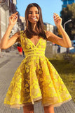 Yellow lace short prom dress, yellow homecoming dress HZ1023