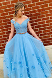 Blue tulle lace off shoulder long prom dress, tulle formal dress HZ1023