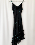 Vintage Blue Floral Black Beaded Ruffles Chiffon Prom Dress Evening Party Gowns HZ1023