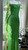 Shiny Sheath Spaghetti Strap Sequin Beaded Green Chiffon Open Back Party Dress Evening Dress HZ1023