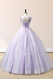 Purple A Line Straps Embroidered Tulle Floor Length Evening Dress Prom Dress HZ1023