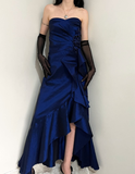 Vintage A Line Sweetheart Neck Ruffle Navy Blue Satin Prom Dress Graduation Prom Dress HZ1023