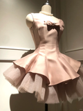 Cute A Line Strap Bow Light Pink Tulle Satin Short Homecoming Dress Cocktail Dress HZ1023