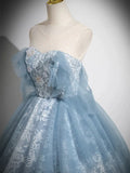 A Line Sweetheart Neck Blue Tulle Lace Long Prom Dress Evening Dress HZ1023