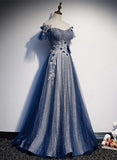 Navy Blue tulle long prom dress blue evening dress HZ1023