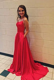 red long prom dress with spaghetti straps, lace up back and side slit HZ1023