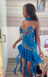 Unique A Line Spaghetti Strap Beaded Embroidered Ruffle Blue Chiffon Homecoming Dress HZ1023