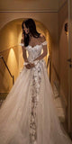 Elegant A Line Off the Shoulder Appliques White Tulle Wedding Dress HZ1023