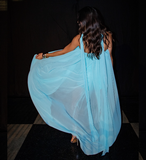 Unique A Line Strapless Blue Chiffon Short Long Prom Dress Evening Dress HZ1023