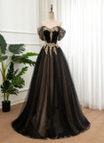 Black A Line Off the Shoulder Applique Tulle Long Formal Dress Prom Dress HZ1023