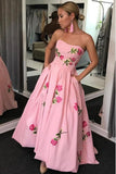 A-Line Sweetheart Strapless Pink Long Prom Dress With Embroidery Pockets HZ1023