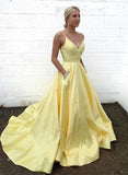 Yellow Satin V Neck Spaghetti Straps Long Senior Prom Dress With Pocket HZ1023