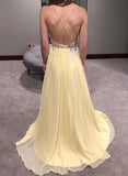 Yellow v neck chiffon lace long prom dress, evening dress HZ1023