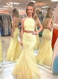 Yellow lace long prom dress, mermaid two pieces evening dress HZ1023