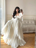Princess A Line Long Sleeve Tiered Ivory Satin Long Party Dress Evening Dress HZ1023