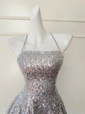 Shiny A Line Spaghetti Strap Silver Sequin Short Open Back Homecoming Dress Cocktail Dress HZ1023