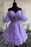Pink Off-the-Shoulder Ruffles Puff Sleeves Homecoming Dress,Party Dress HZ1023