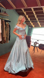 Retro Style A Line Off the Shoulder Blue Satin Long Party Dress Prom Dress HZ1023