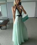 Green A Line V Neck Chiffon Open Back Prom Dress Evening Dress Party Dress HZ1023