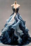 Stunning A Line Spaghetti Straps Appliques Blue Ombre Tulle Prom Dress Evening Dress HZ1023