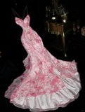 Elegant Mermaid Spaghetti Strap Pink Print Floral Beaded Chiffon Long Prom Dress Evening Dress HZ1023