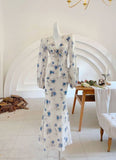 Elegant Mermaid Long Sleeve Blue Floral Chiffon Prom Dress Party Dress Outfits HZ1023