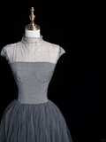 Simple Grey A Line High Neck Satin Tulle Long Prom Dress Graduation Prom Dress HZ1023