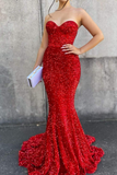 Red Sequins Strapless Long Prom Dress Mermaid Slit Evening Dress HZ1023