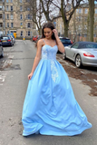 Light Blue Spaghetti Strapless Satin Lace Long Prom Dress,Elegant Evening Dresses HZ1023