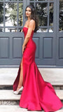 long prom dresses, strapless mermaid red prom dresses with slit HZ1023