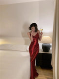 Simple Burgundy Sheath Spaghetti Strap Satin Party Dress Evening Dress HZ1023
