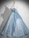 A Line Sweetheart Neck Blue Tulle Lace Long Prom Dress Evening Dress HZ1023