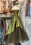 Vintage A Line Strapless Appliques Green Satin Tulle Long Party Dress Evening Dress HZ1023