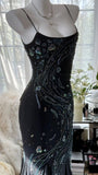 Charming Mermaid Spaghetti Strap Beaded Black Chiffon Prom Dress Evening Dress HZ1023