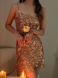 Champagne Sheath Spaghetti Strap Sequin Short Homecoming Dress Cocktail Dress HZ1023