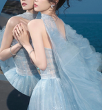 Gorgeous A Line Strapless Beaded Blue Tulle Long Party Dress Evening Dress HZ1023