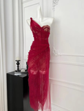 Stunning Red Sheath One Shoulder Lace Tulle Prom Dress Evening Dress Formal Gown HZ1023