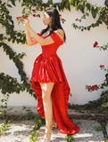 Sexy A Line Off the Shoulder Corset Red Satin Long Short Prom Dress Evening Dress HZ1023