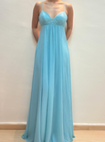 2025 New A Line Spaghetti Strap Beaded Sequin Blue Chiffon Prom Dress Evening Dress HZ1023