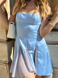 Baby Blue A Line Halter Satin Chiffon Open Back Mini Homecoming Dress HZ1023