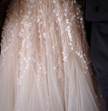 2025 New A Line Spaghetti Strap Beaded Tulle Long Sweep Wedding Dress HZ1023