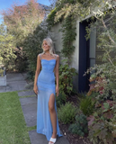 Blue Sweetheart Neck Slit Prom Dress Sexy Evening Dress HZ1023