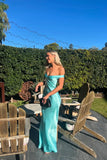 Simple Sheath Off the Shoulder Blue Satin Open Back Prom Dress Evening Dress HZ1023