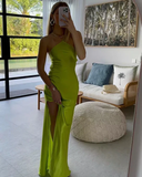 Simple Satin Slit Long Party Dress Evening Dress HZ1023